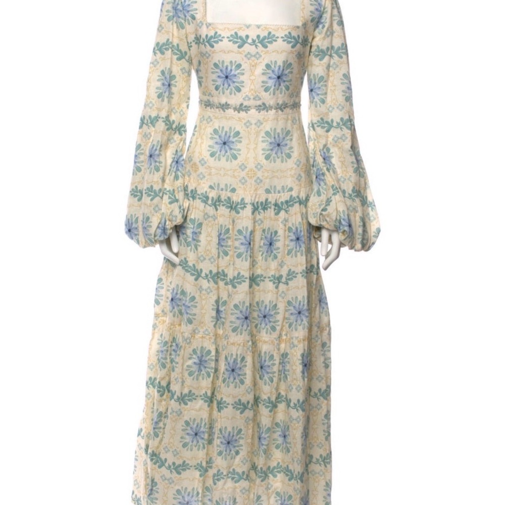 Agua Bendita Cream Maxi Dress with Light Blue Floral Motif